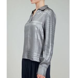 NWT! Current Air (M) Shiny Silver Johnny Collar Blouse Top Stripe Work Office